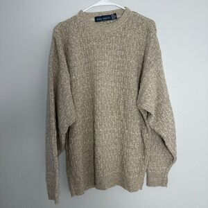 John Weitz Sweater Mens Vintage Hand Framed Tan Crewneck Cotton USA Made XL